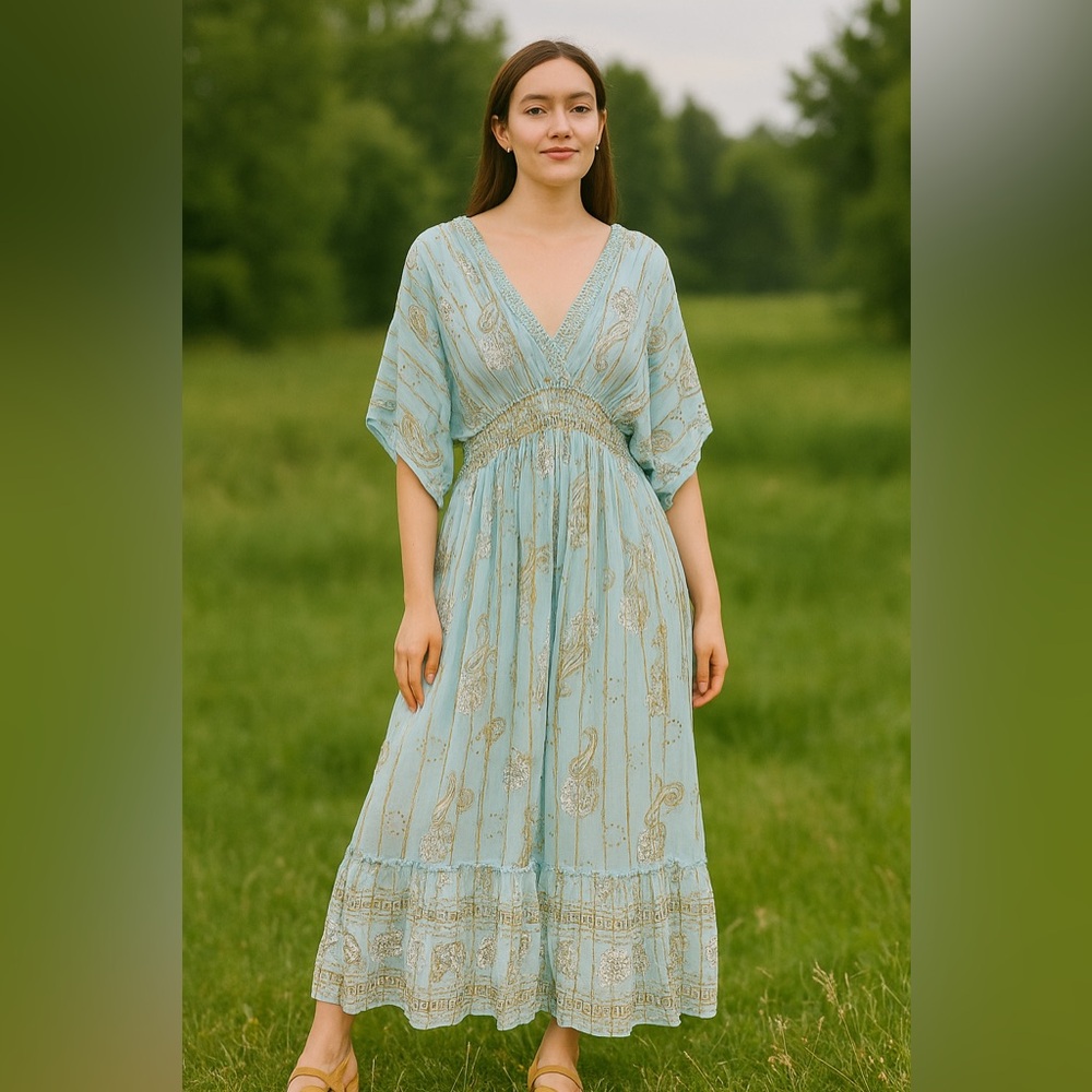 Boho V-Neck Maxi Dress in Light Blue with Paisley Print